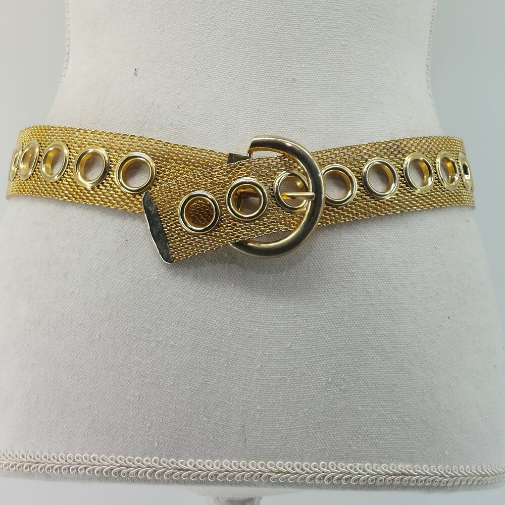 Gold Tone Women's Mesh Grommet Metal Belt 70s Disco Cosplay - Picture 2 of 12